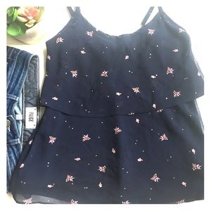CAbi navy ruffle tank top with flowers size Xsmall
